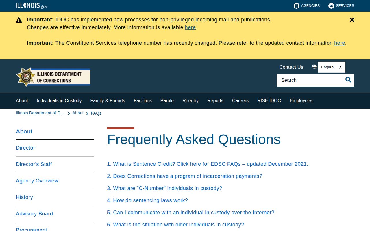 Illinois Department of Corrections FAQ with release date guidance