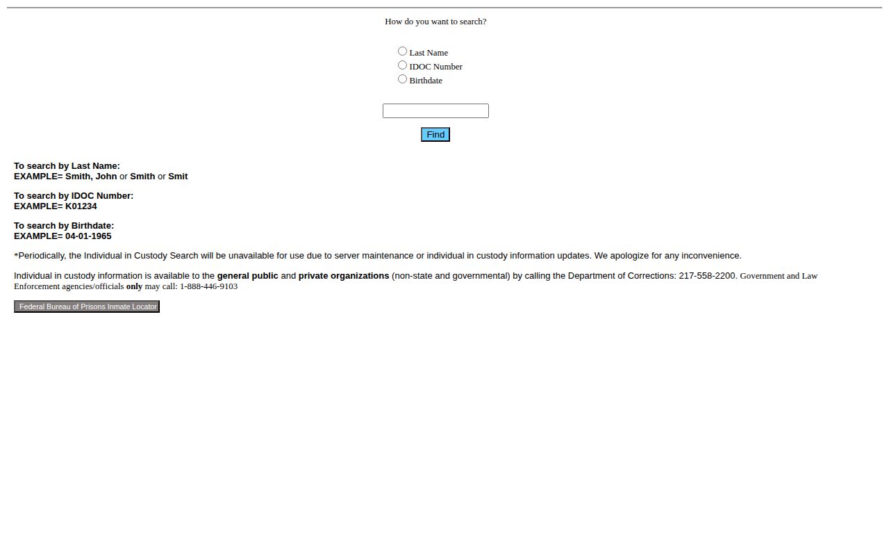 Illinois Department of Corrections live offender search form
