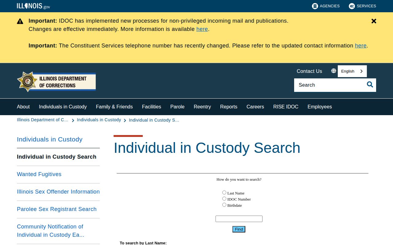 Calhoun County released inmate IDOC offender search landing page
