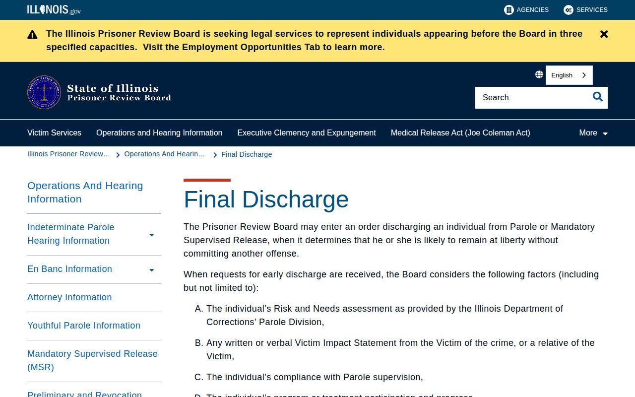 Illinois parole final discharge records for Calhoun County