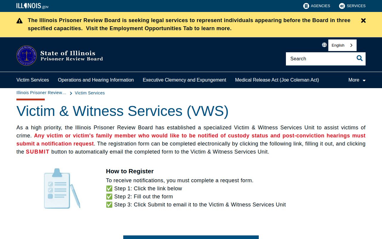 Calhoun County release and hearing notification registration through Illinois PRB